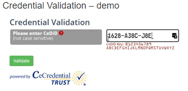 A CEDiploma Validation Profess where a key is entered to showcase how the valdiation process works